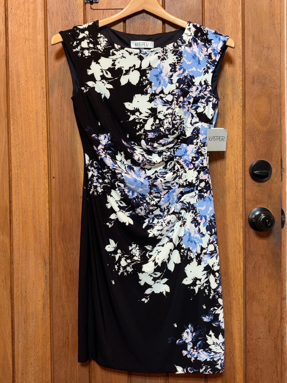 Kasper Black Floral Midi Dress with Blue & White Bloom